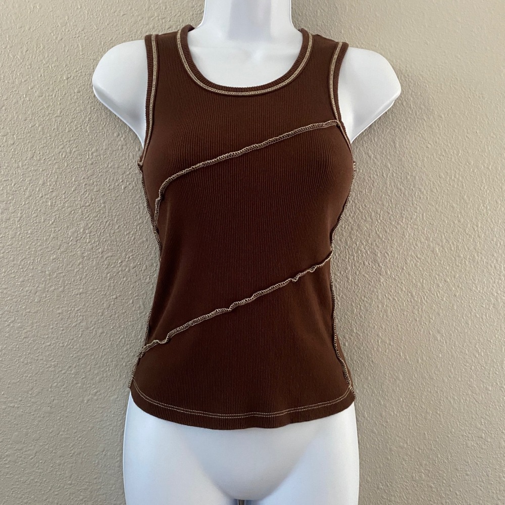 Y2K Brown Patchwork Tank Medium‎ Forest Fairy Grunge Lace Up Festival Cowgirl